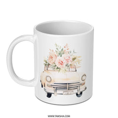 Floral Car Mug, Classic Car Design, Flower Bouquet Mug, Aesthetic Mug, Cute Coffee Mug, Unique Gift Idea, Vintage Car Lover Mug - Tawshia