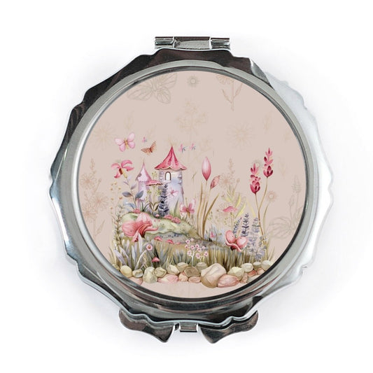 Fairytale Pocket Mirror, Castle Compact Mirror, Pink Butterfly Travel Mirror, Floral Vanity Mirror, Gift for Her, Makeup Mirror - Tawshia