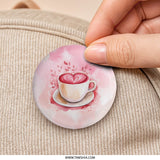 Pink Latte Heart Art Pinback, Coffee Lover Pin, Valentines Day Gift, Aesthetic Cute Button Badge, Heart Latte Art Pinback - Tawshia