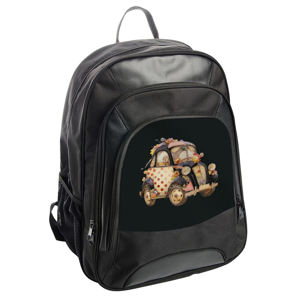Flower Car Backpack, Cute Vehicle Rucksack, Unique Automobile Bookbag, Floral Decorated Car Backpack, Stylish Travel Backpack - Tawshia