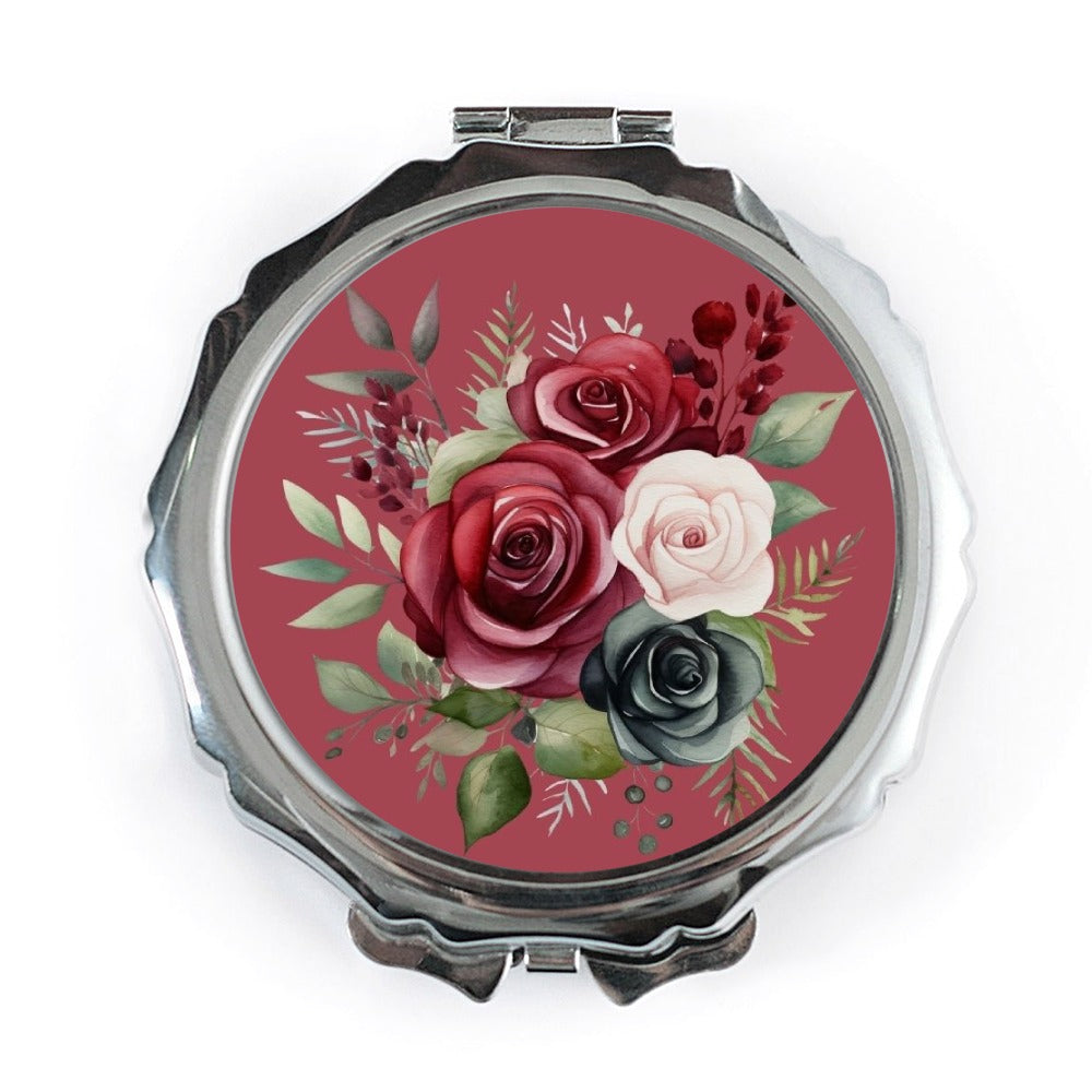 Floral Pocket Mirror, Burgundy Rose Compact Mirror, Flower Girl Gift, Wedding Favor, Bridesmaid Gift, Makeup Mirror - Tawshia