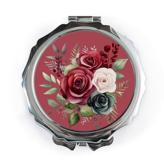 Floral Pocket Mirror, Burgundy Rose Compact Mirror, Flower Girl Gift, Wedding Favor, Bridesmaid Gift, Makeup Mirror - Tawshia