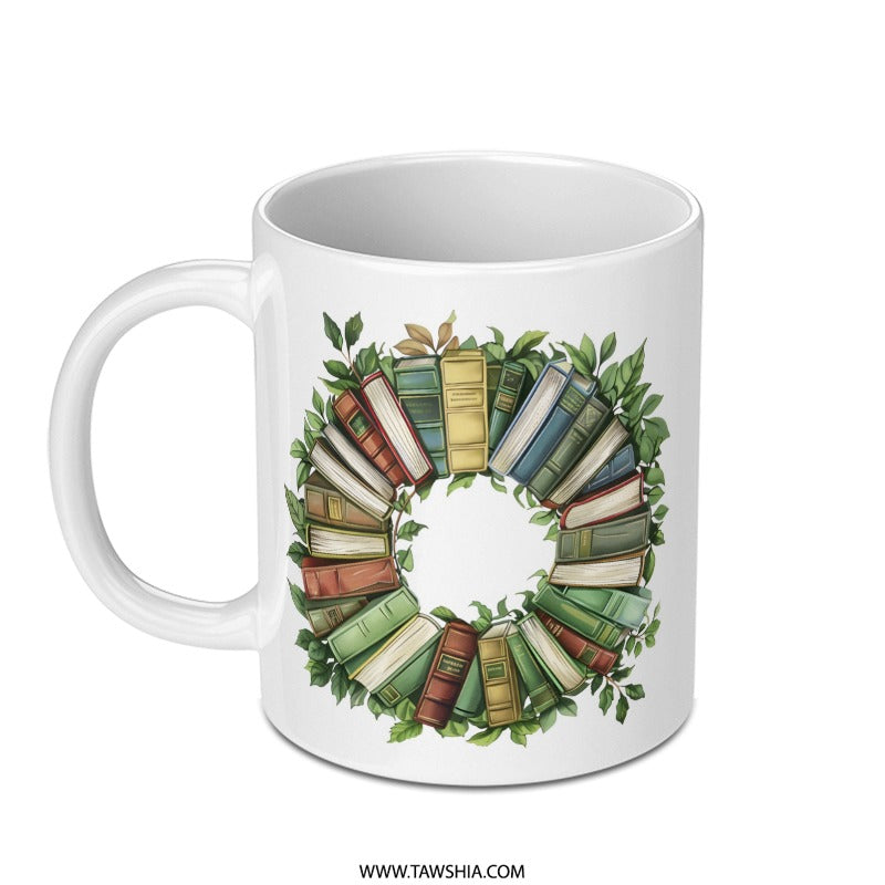 Book Lover Gift Mug, Literary Wreath Mug, Reader Gift, Books and Greenery Mug, Librarian Mug, Bookish Mug, Cozy Reading Gift, Novel Mug - Tawshia