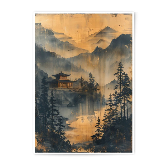 Asian Landscape Photographic Print, Oriental Temple Art Print, Zen Art, Mountain Lake Scenery, Japanese Art, Asian Wall Decor - Tawshia