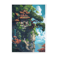 Fantasy Treehouse Photographic Print, Cliffside Home Art, Whimsical Landscape Photo, Japanese Inspired House, Dreamy Scene, Wall Decor - Tawshia