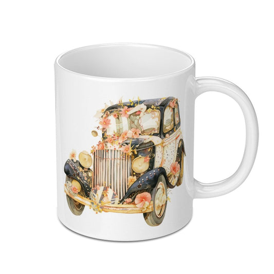 Vintage Car Mug, Floral Antique Automobile, Retro Vehicle Coffee Cup, Unique Car Lover Gift, Flower Adorned Classic Car Mug - Tawshia