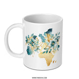 Floral World Map Mug, Teal and Gold Coffee Mug, Travel Lover Gift, Globe Trotting Mug, Watercolor Flower Mug, Artistic Mug Gift - Tawshia