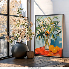 Orange Blossom Still Life, Kitchen Wall Art, Floral Art Print, Modern Botanical Art, Orange Fruit Art, Vibrant Wall Decor, Home Decor - Tawshia