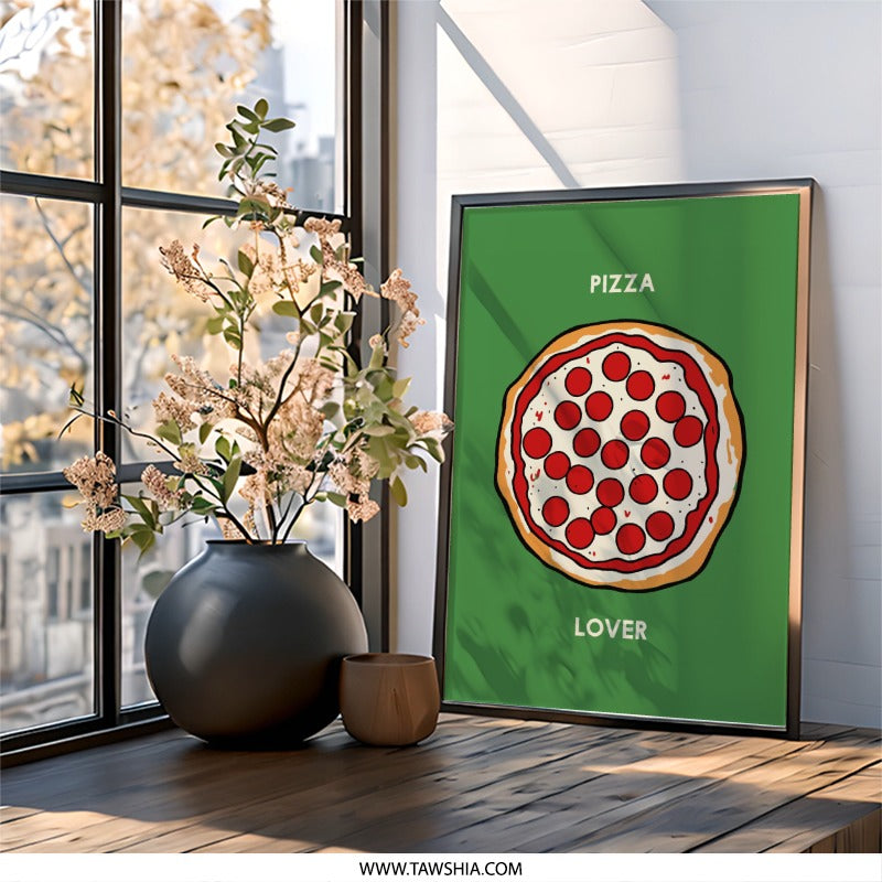 Pizza Lover Wall Art, Foodie Decor, Pepperoni Pizza Print, Green Kitchen Wall Art, Pizza Illustration, Restaurant Decor, Pizza Art - Tawshia