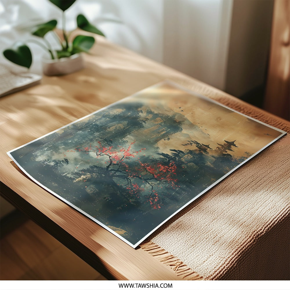 Asian Landscape Photographic Print, Japanese Art Print, Oriental Wall Art, Pagoda Decor, Mountain Scene, Red Blossom Tree, Birds, Calm - Tawshia