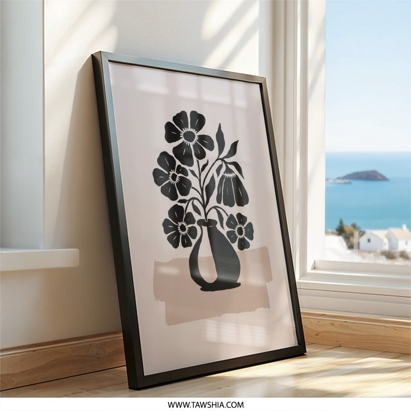 Floral Wall Art, Minimalist Flower Print, Black and Beige Poster, Modern Home Decor, Abstract Floral Art - Tawshia