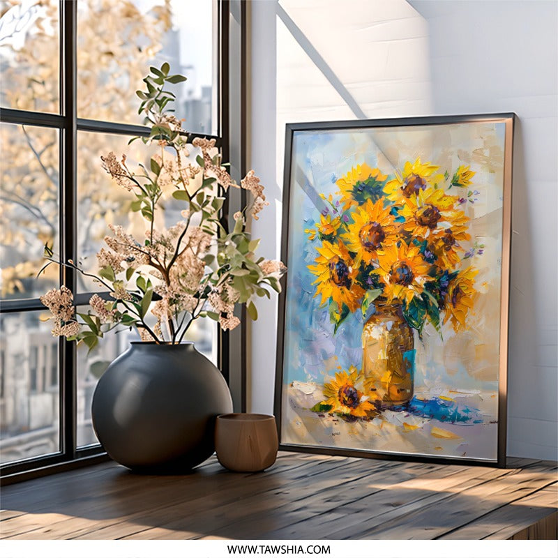 Sunflower Wall Art, Floral Oil Painting, Jar Art, Flower Painting, Summer Decor, Botanical Art Print, Kitchen Wall Decor, Sunflower Artwork - Tawshia