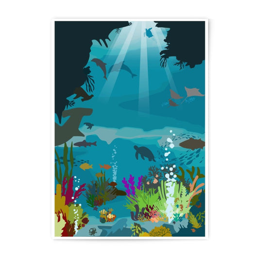Underwater World Photographic Print, Ocean Life Art, Sea Animals Decor, Marine Ecosystem Illustration, Coastal Home Decor - Tawshia