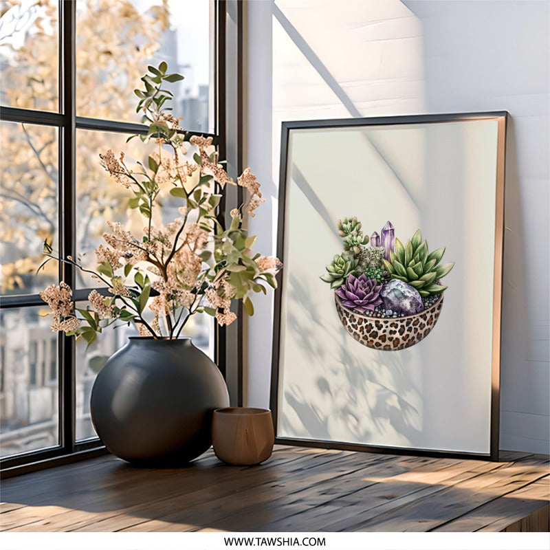 Succulent Wall Art, Crystal and Succulent Print, Leopard Bowl Wall Decor, Boho Home Decor, Modern Wall Art Print - Tawshia