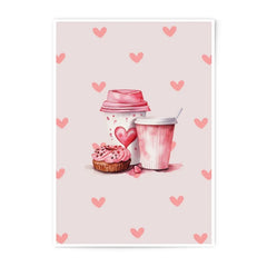 Valentine's Day Photographic Print, Coffee and Cupcake Art, Heart Pattern Wall Decor, Pink Watercolor Painting, Sweet Treat Gift - Tawshia
