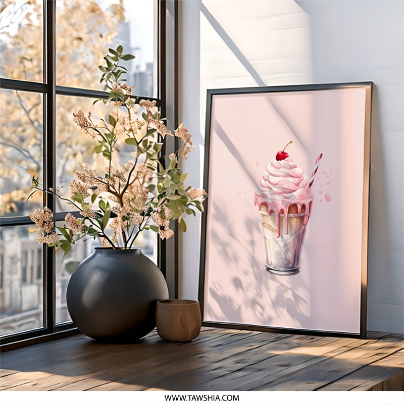 Strawberry Milkshake Wall Art, Dessert Art, Pink Drink Poster, Kitchen Decor, Food Art Print, Whimsical Art, Sweet Treat Print, Wall Decor - Tawshia