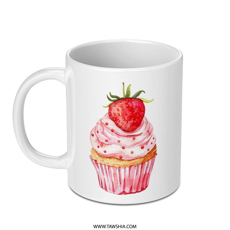 Strawberry Cupcake Mug, Watercolor Art Mug, Dessert Lover Gift, Foodie Mug, Cute Cupcake Mug, Cupcake Illustration Mug, Coffee Mug - Tawshia