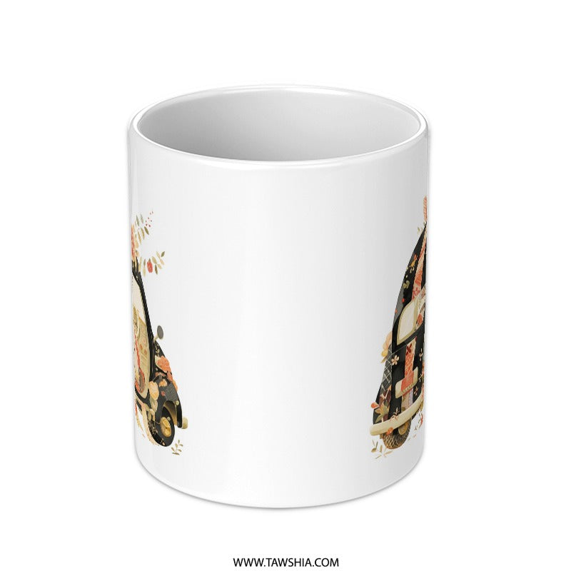 Floral Car Mug, Cute Vehicle Mug, Artistic Automotive Coffee Mug, Decorative Flower Mug, Car Lover Gift Idea, Quirky Graphic Mug - Tawshia