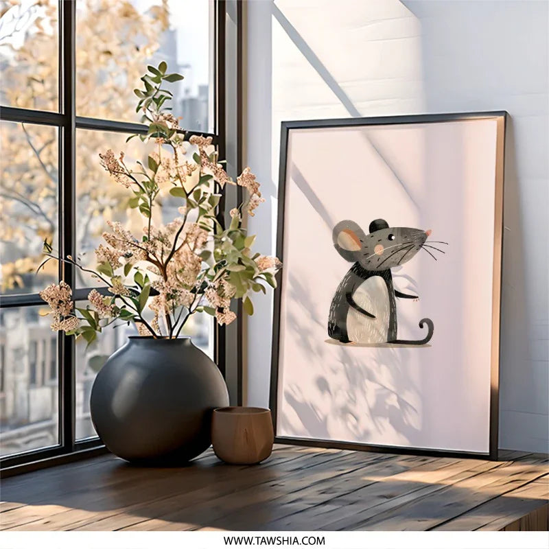 Cute Mouse Wall Art, Nursery Art Print, Animal Wall Decor, Whimsical Mouse Art, Kids Room Decor, Unique Wall Hanging - Tawshia