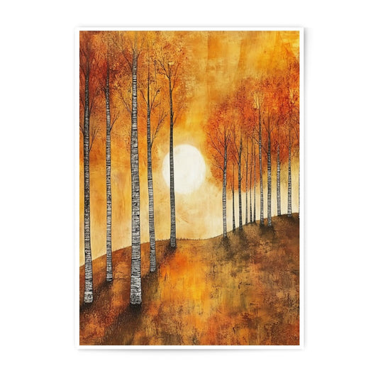Autumn Birch Trees Photographic Print, Landscape Art, Sunset Wall Decor, Nature Photography, Fall Season Home Decor, Warm Colors Print - Tawshia