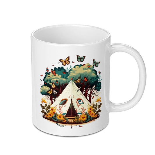 Camping Mug, Butterfly Mug, Nature Lover Mug, Tent Art Mug, Adventure Mug, Outdoorsy Gift, Coffee Mug, Tea Mug, Hot Chocolate Mug, Unique - Tawshia