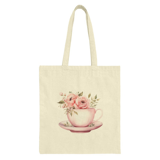 Floral Teacup Tote Bag, Pink Roses, Flower Design, Cute Tote, Gift for Her, Shopping Bag, Book Bag, Everyday Carry Bag, Watercolor Art - Tawshia