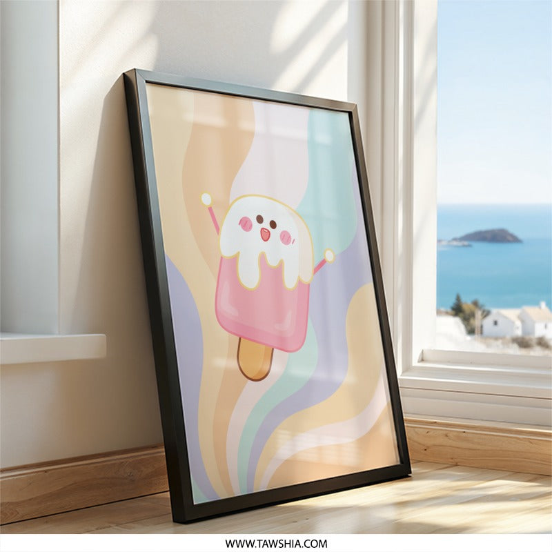 Cute Ice Cream Wall Art, Kawaii Dessert Print, Pastel Aesthetic Room Decor, Smiling Food Illustration, Modern Wall Decor - Tawshia