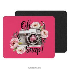 Oh Snap Camera Mouse Pad, Floral Photography Mousepad, Pink Camera Mouse Mat, Trendy Desk Decor, Gift for Photographer, Office Decor - Tawshia