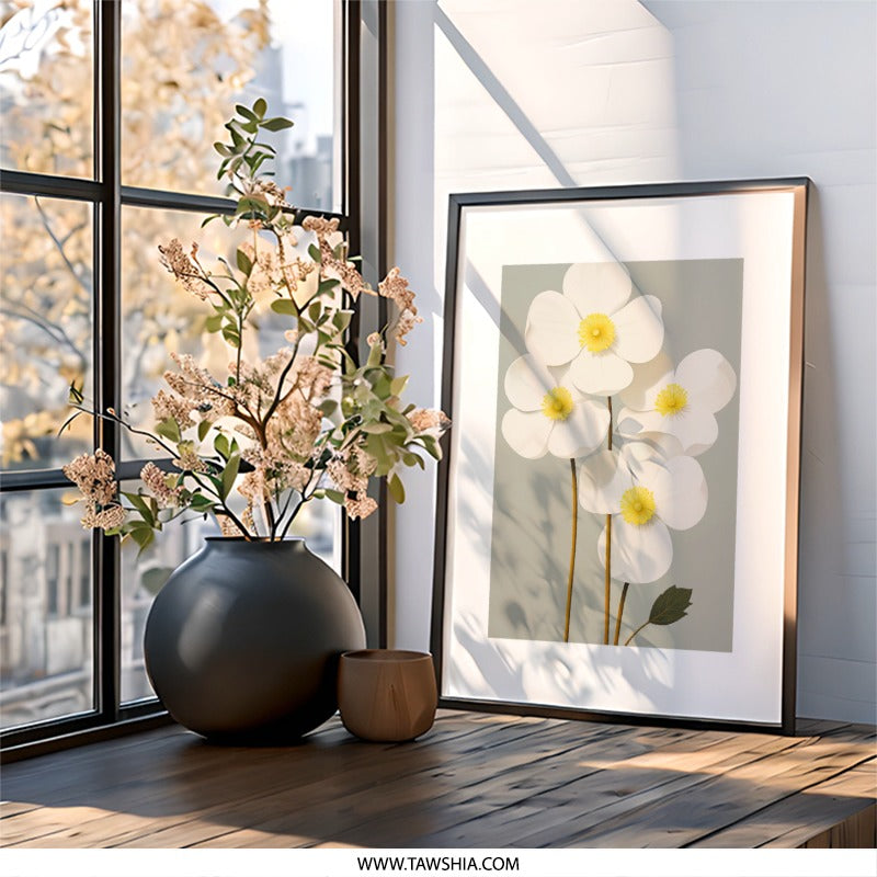 White Anemone Wall Art, Floral Print, Botanical Illustration, Flower Wall Decor, Modern Home Art, Minimalist Wall Art, Gift Idea - Tawshia
