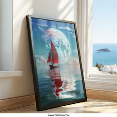 Red Sailboat Wall Art, Moon Art Print, Nautical Theme Decor, Dreamy Seascape Wall Decor, Gift for Sailor, Fantasy Boat Poster - Tawshia