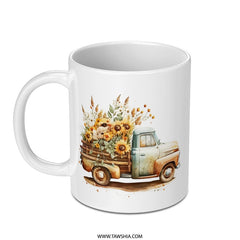 Floral Truck Mug, Sunflower Mug, Vintage Truck Mug, Fall Mug, Autumn Mug, Farmhouse Mug, Flower Mug, Gift for Her, Coffee Mug (138) - Tawshia