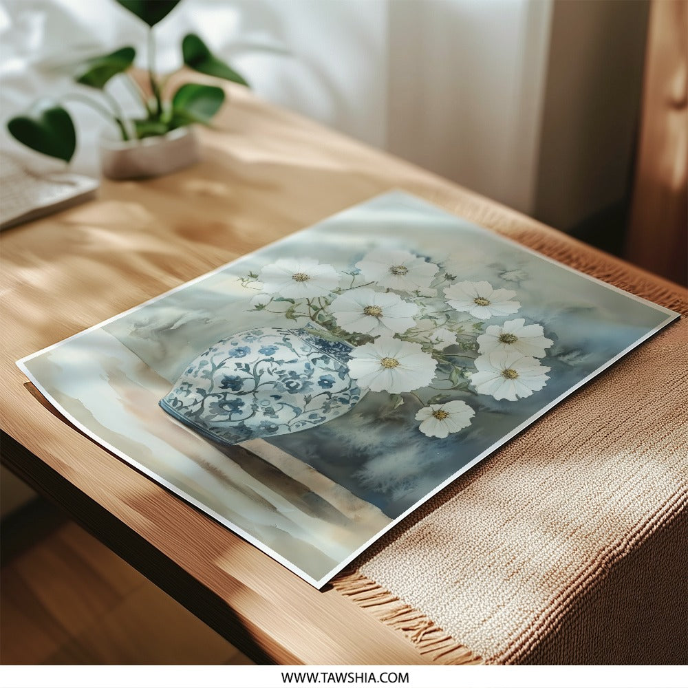 White Cosmos Flowers Photographic Print, Blue Vase Art, Botanical Wall Decor, Floral Home Decor, Still Life Art Print, Cosmos Flower Print - Tawshia