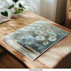 White Cosmos Flowers Photographic Print, Blue Vase Art, Botanical Wall Decor, Floral Home Decor, Still Life Art Print, Cosmos Flower Print - Tawshia