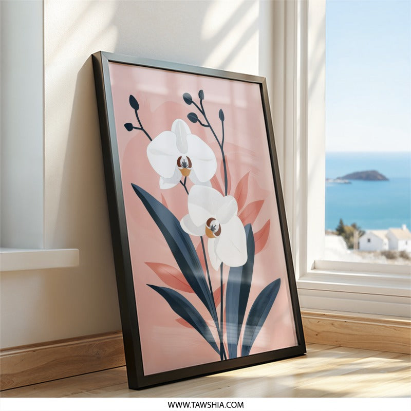 White Orchid Wall Art, Floral Print, Botanical Illustration, Minimalist Home Decor, Modern Art Print, Nature Inspired Wall Decor - Tawshia
