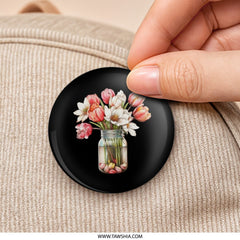 Floral Bouquet Pinback Button, Flower Jar Button, Tulip Badge, Watercolor Flowers Button, Cute Accessory, Floral Gift, Trendy Aesthetic - Tawshia