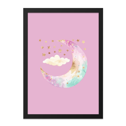 Crescent Moon Framed Wall Art, Watercolor Moon Art Print, Pastel Wall Decor, Nursery Art, Baby Room Decor, Stars, Pink, Celestial Art - Tawshia