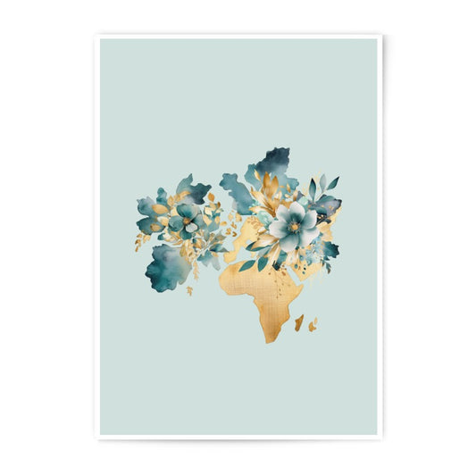Floral World Map Art, Photographic Prints, Watercolor Flower Map, Teal and Gold Decor, Home Decor, Wall Art, Travel Gift, Unique Gift - Tawshia