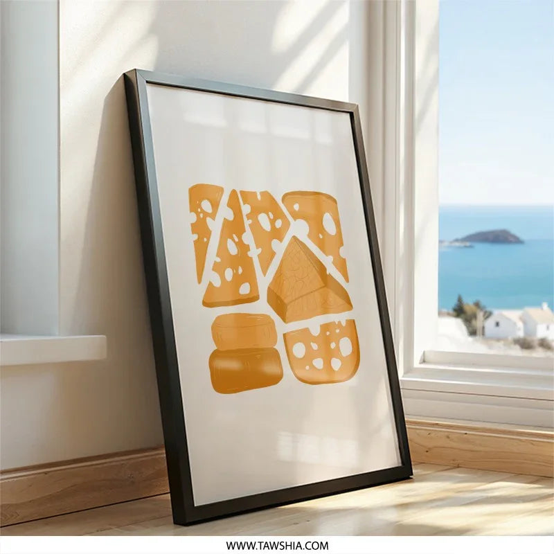 Cheese Lover Wall Art, Foodie Home Decor, Minimalist Kitchen Print, Cheesy Art Print, Modern Cheese Illustration, Gouda Cheddar Poster - Tawshia