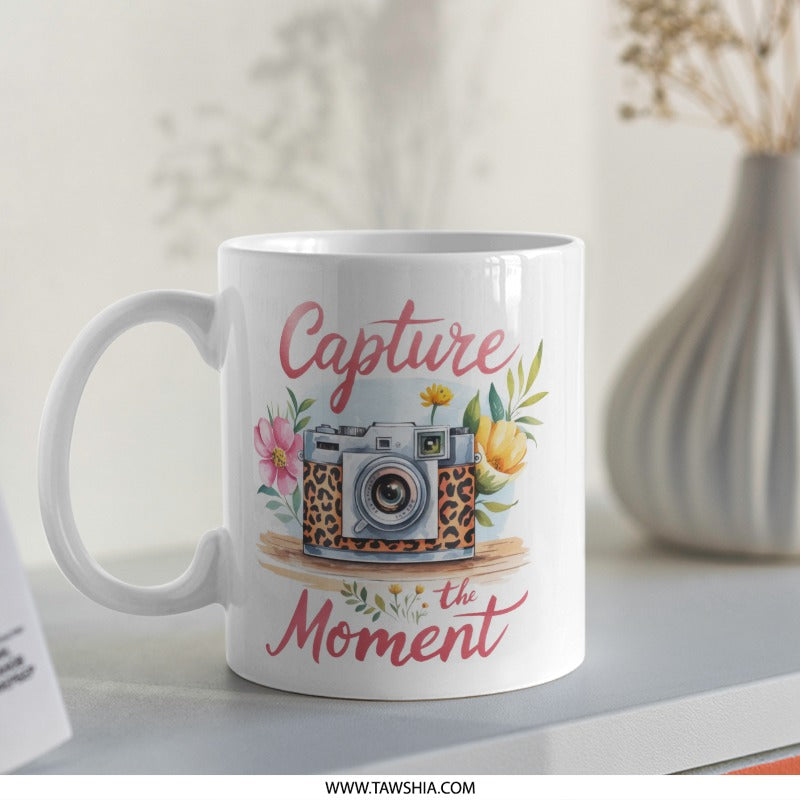 Capture the Moment Mug, Photographer Gift, Floral Camera Mug, Photo Lover Present, Photography Mug, Cute Mug, Aesthetic Mug, Coffee Mug - Tawshia