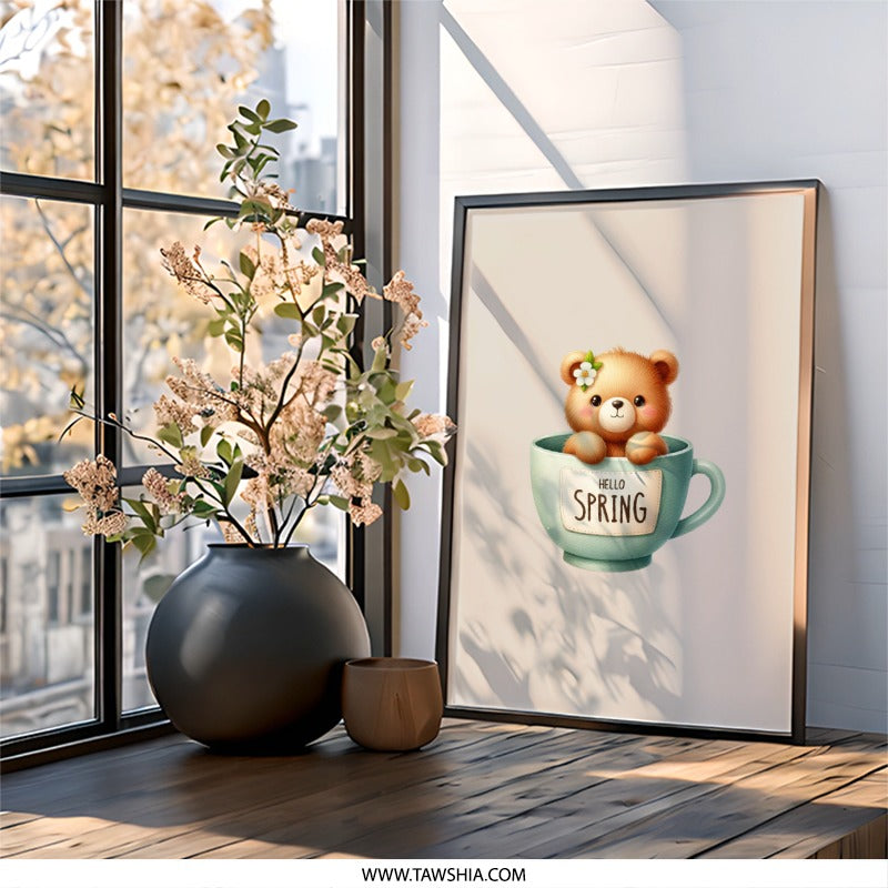 Cute Teddy Bear Framed Wall Art, Spring Decor Print, Nursery Art, Animal Illustration, Kids Room Decor, Cartoon Bear in a Mug, Gift Idea - Tawshia
