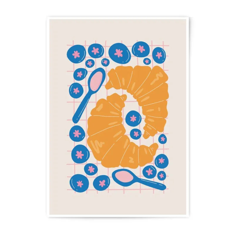 Croissant Art Photographic Print, Blueberry Spoon Breakfast Decor, Food Illustration, Kitchen Wall Art, Cafe Decor, Modern Art Print - Tawshia