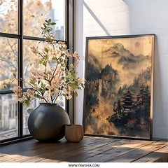 Japanese Wall Art, Temple Art Print, Mountain Landscape Decor, Asian Painting, Zen Decor, Oriental Fine Art, Pagoda Wall Art - Tawshia