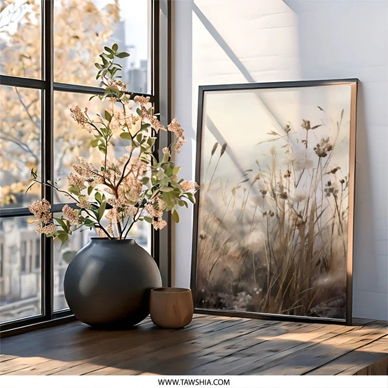 Dried Flowers Wall Art, Neutral Botanical Print, Beige Grass Artwork, Minimalist Nature Decor, Modern Floral Home Art, Landscape Wall Decor - Tawshia