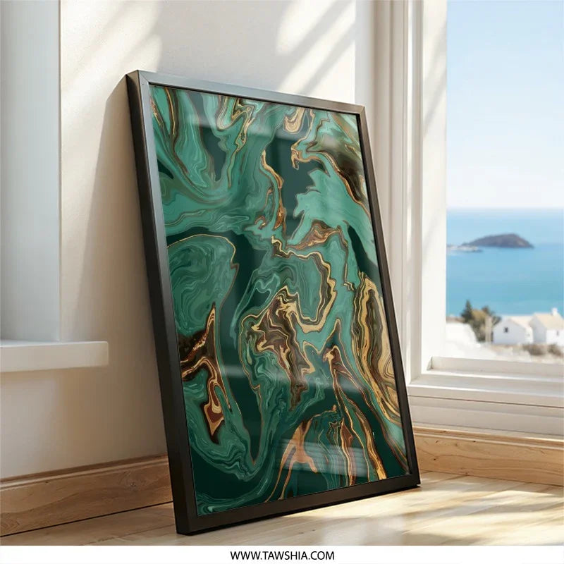 Emerald Gold Abstract Wall Art, Modern Marble Print, Elegant Home Decor, Contemporary Art Print, Fluid Art Design, Unique Wall Decor - Tawshia