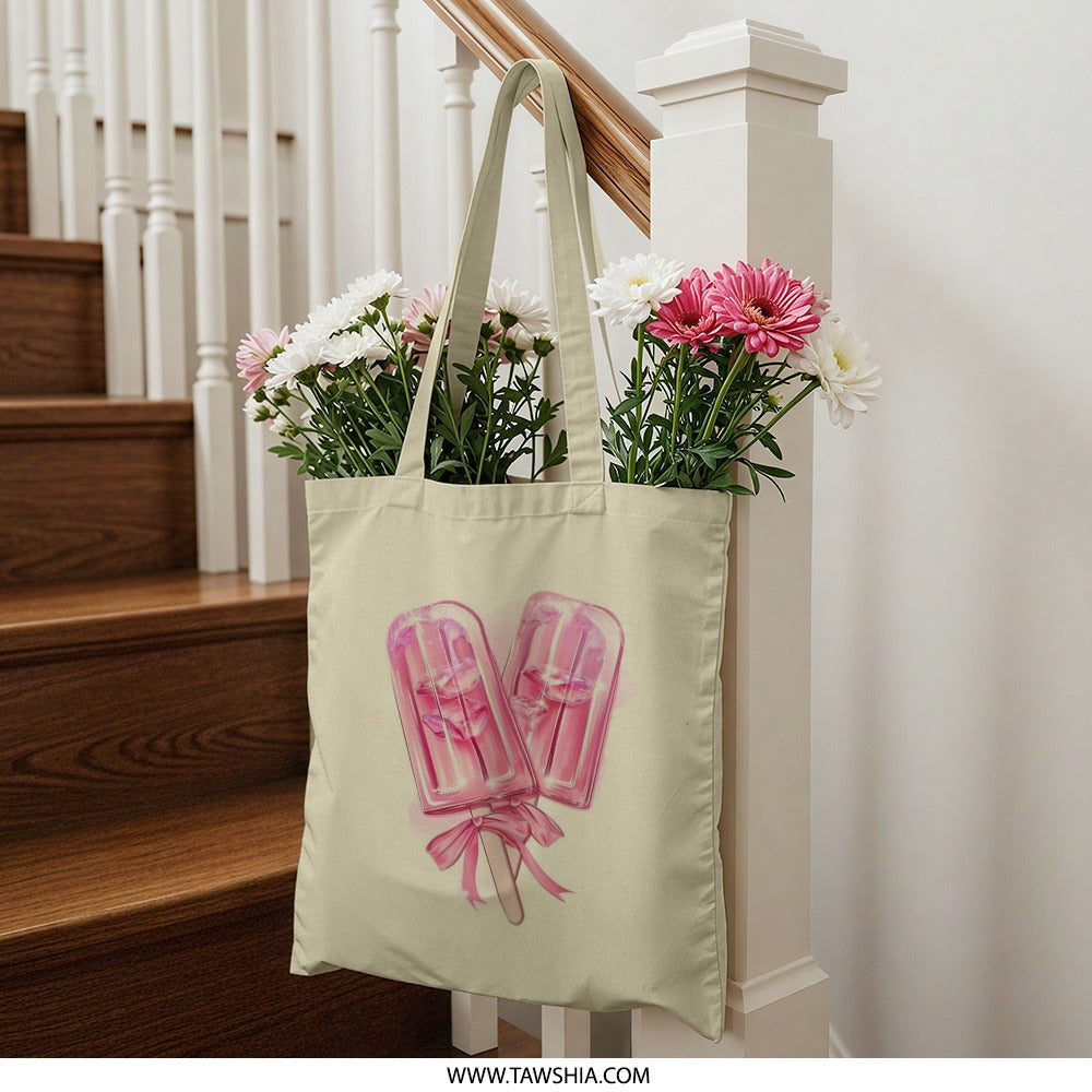 Pink Popsicle Tote Bag, Cute Ice Pop, Foodie Design, Summer Vibes, Unique Gift, Stylish Shopping Bag, Reusable Grocery Bag - Tawshia
