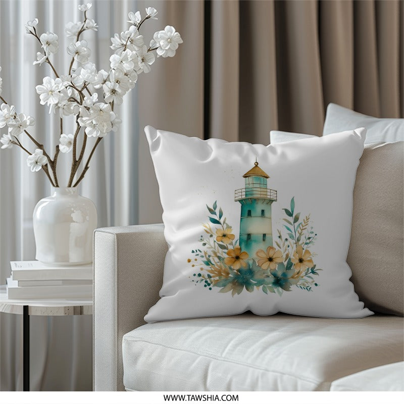 Coastal Lighthouse Pillow, Floral Accent Pillow, Beach House Decor, Nautical Theme Cushion, Ocean Lover Gift - Tawshia