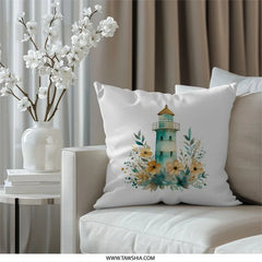 Coastal Lighthouse Pillow, Floral Accent Pillow, Beach House Decor, Nautical Theme Cushion, Ocean Lover Gift - Tawshia