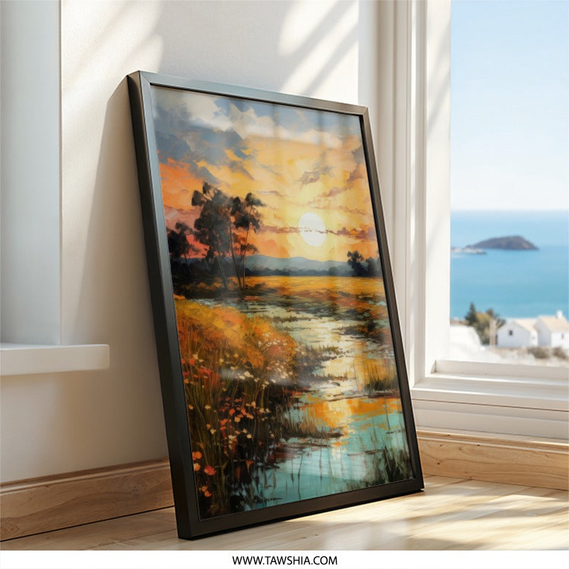 Sunset Landscape Wall Art, Impressionist Painting Print, Golden Hour Field, Scenic Nature Artwork, Serene River Home Decor - Tawshia