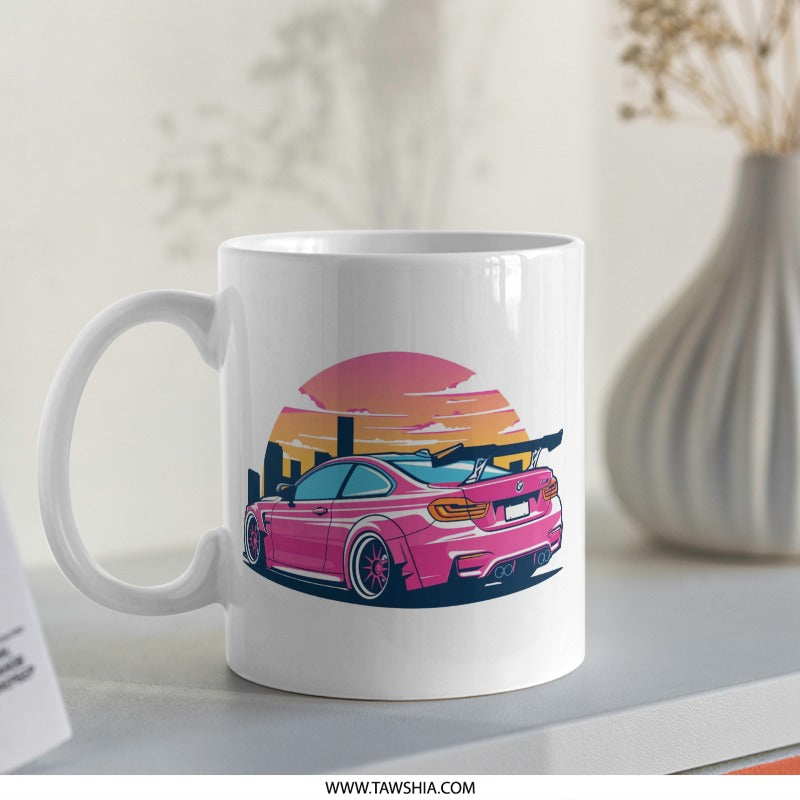 Pink M4 Mug, Retro Car Art, JDM Mug, Automotive Gift, Car Lover Mug, Sunset Mug, Cool Car Mug, Aesthetic Mug, Gift for Him, Pink Car Mug - Tawshia