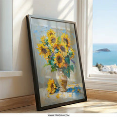 Sunflower Painting Wall Art, Floral Still Life Art, Flower Bouquet Print, Impressionist Decor, Bright Yellow Sunflowers, Framed Canvas Print - Tawshia